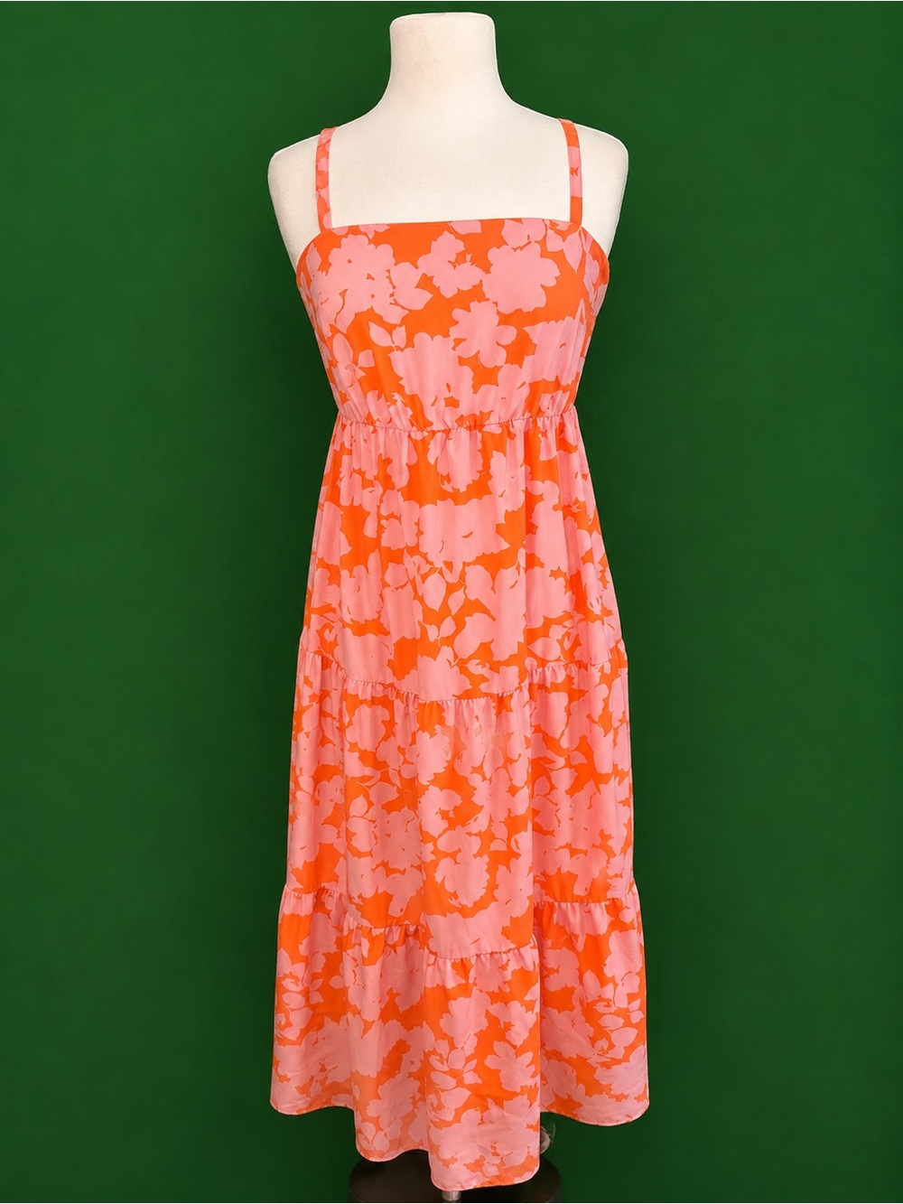Floral Pink & Orange Tiered Maxi Dress with Spaghetti Straps